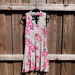 Alya olive green pink floral high neck sleeveless keyhole medium short dress